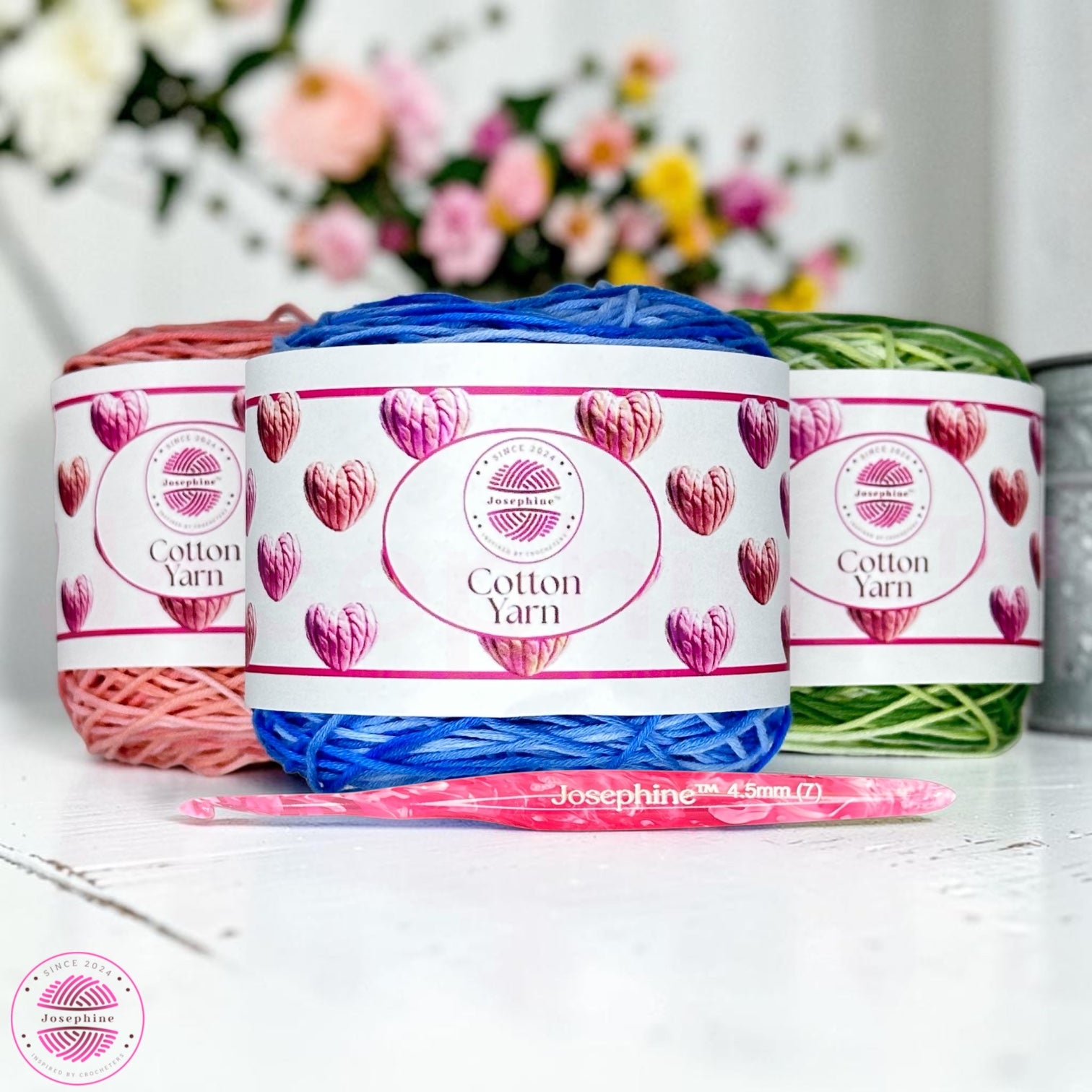Skeins of yarn and a crochet hook